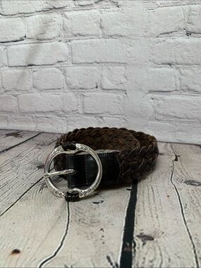 Brighton Braided Dark Brown Leather Belt with Silver Ornate Round Buckle